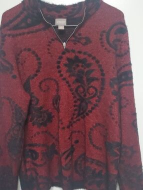 Chico's Burgundy and Black Paisley Zip-Front Sweater